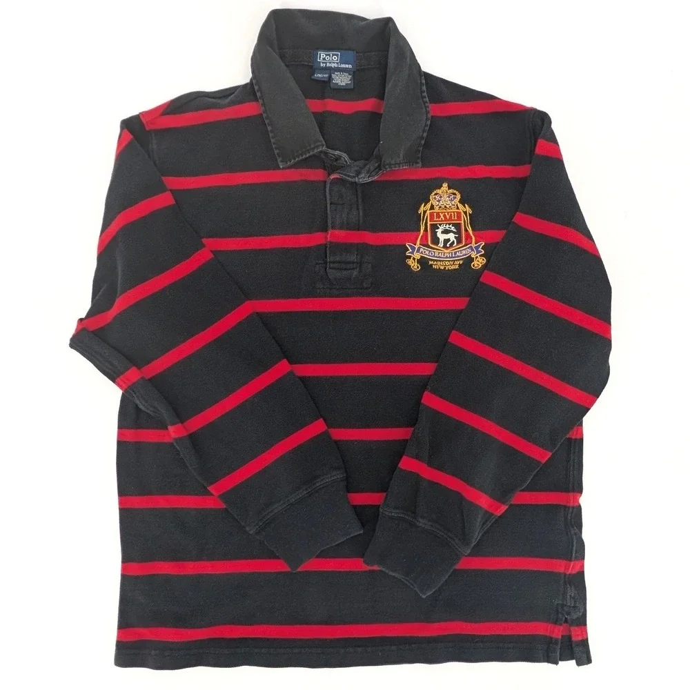 Polo Ralph Lauren Rugby Shirt Striped Crest Long Sleeve‎ Black Red Kids L 16/18
